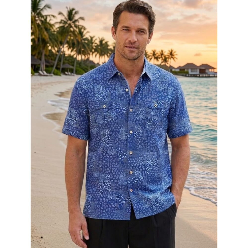 Tommy Bahama Silk Cotton Patchwork Button Down Shirt Men's Size Medium